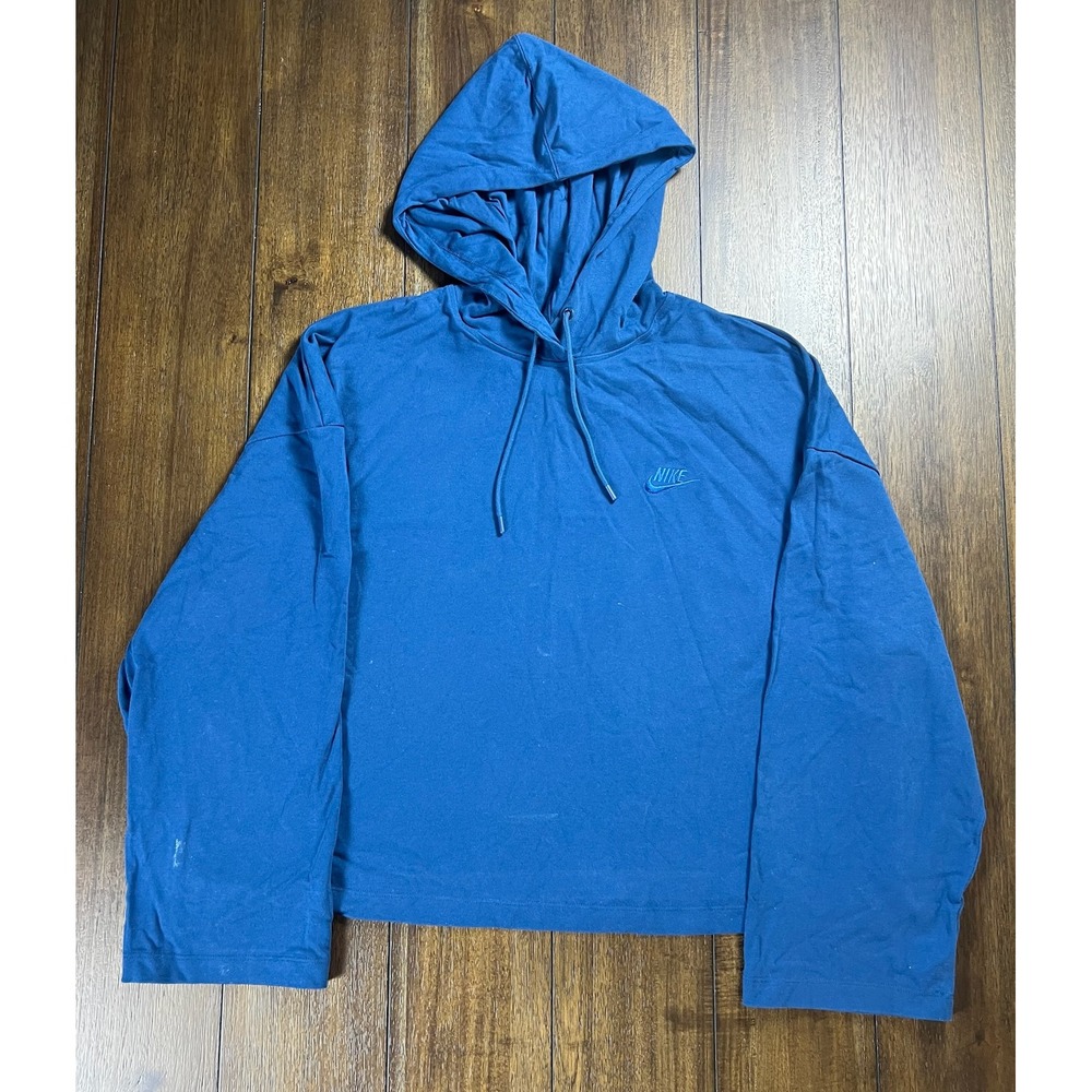 Nike Womens XXL Blue Hooded Long Sleeve Shirt Cropped Relaxed Fit Swoosh Logo